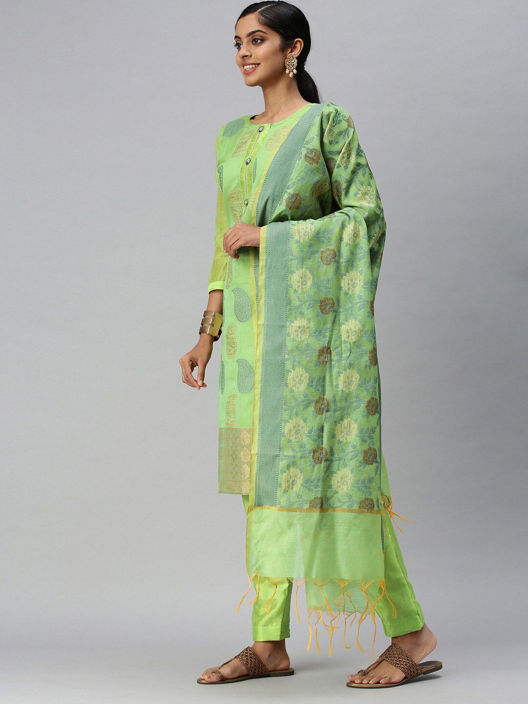 

KALINI Paisley Woven Design Unstitched Dress Material, Green