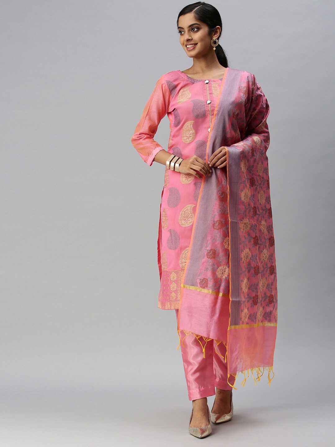 

KALINI Paisley Woven Design Unstitched Dress Material, Pink