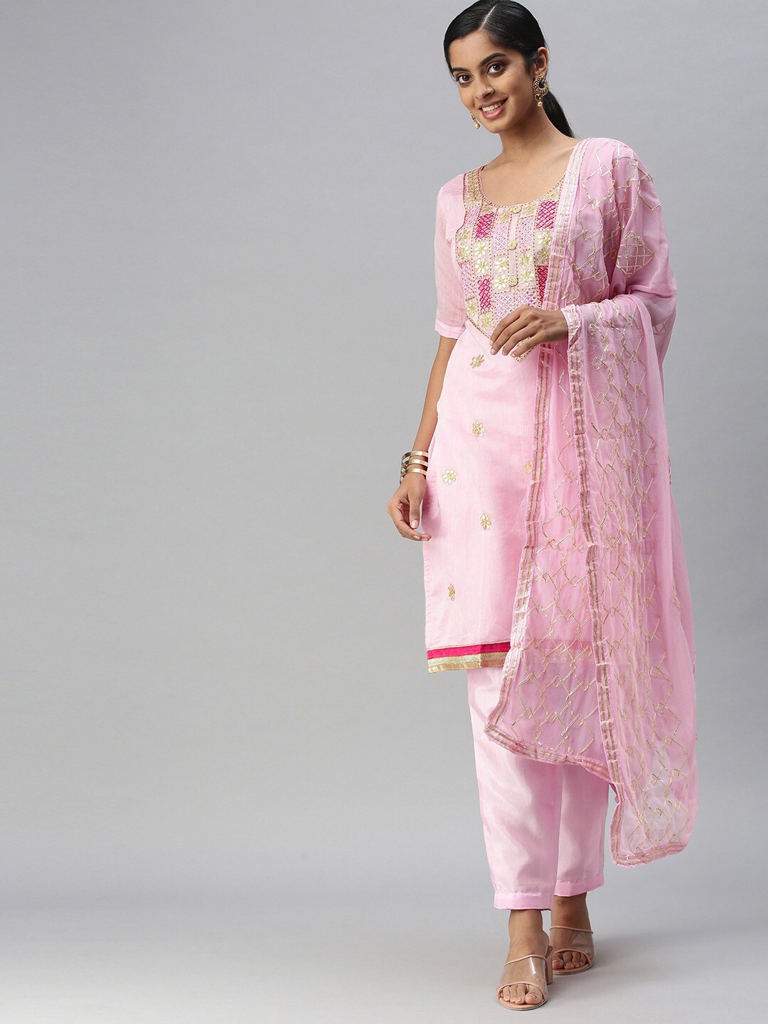 

KALINI Embroidered Unstitched Dress Material, Pink