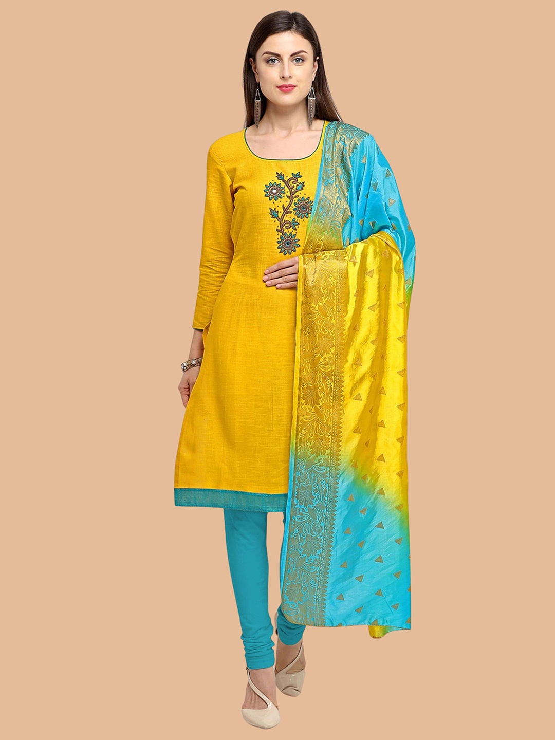 

KALINI Embellished Unstitched Dress Material, Yellow