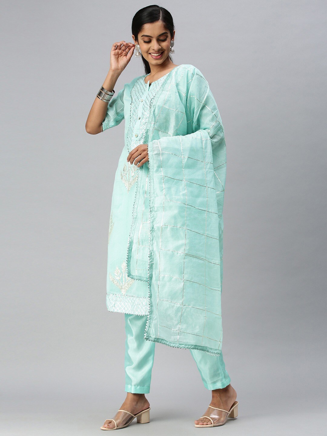 

KALINI Ethnic Motifs Woven Design Unstitched Dress Material, Turquoise blue