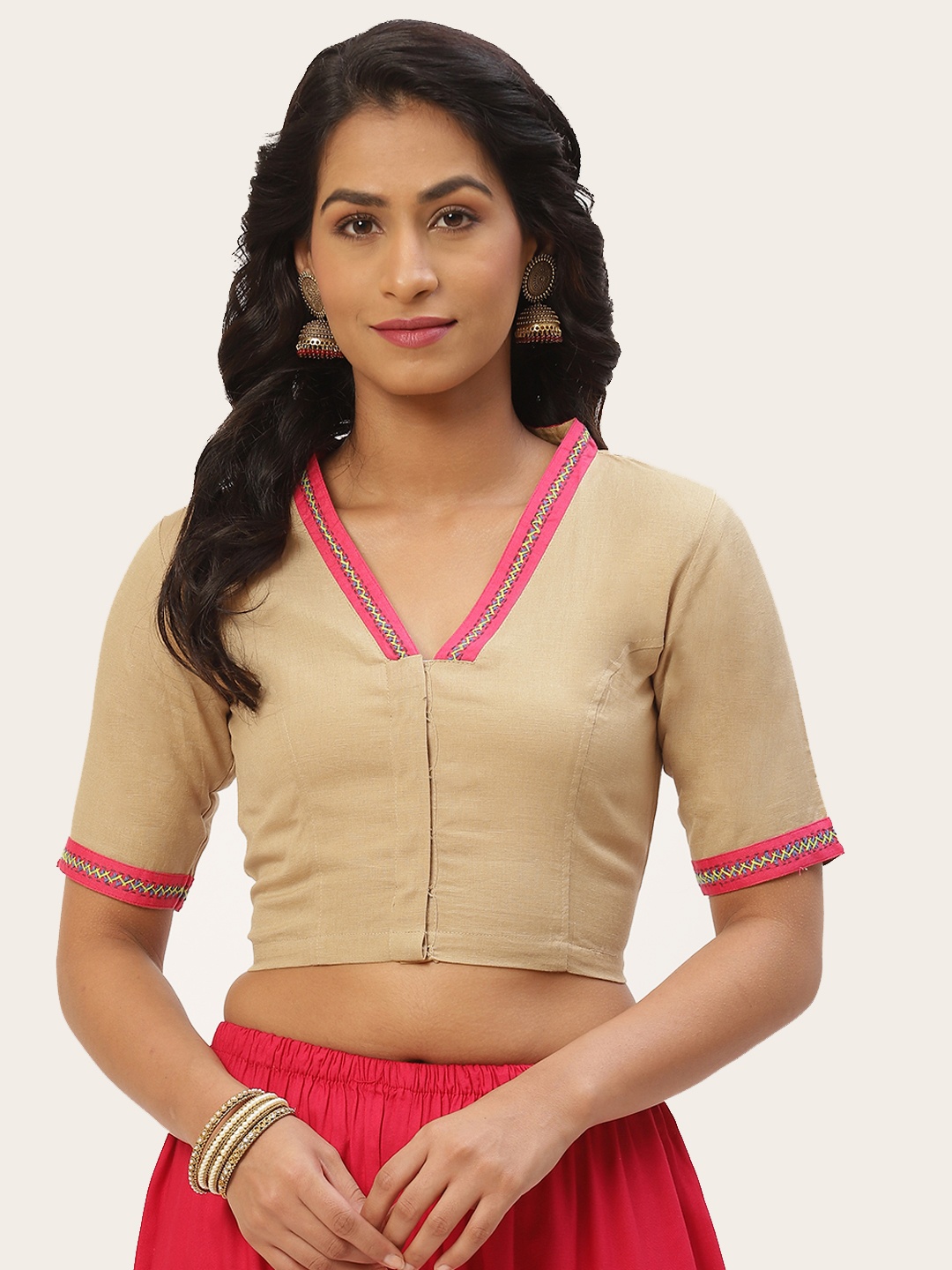 

Molcha Sanganer Embroidered Front Open Cotton Sleeved Blouse, Beige