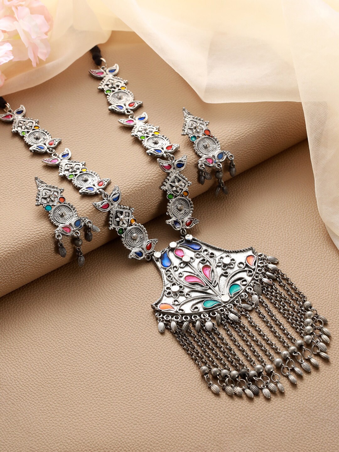 

Jazz and Sizzle Oxidised Silver-Plated Meenakari & Ghungroo Beads Studded Jewellery Set