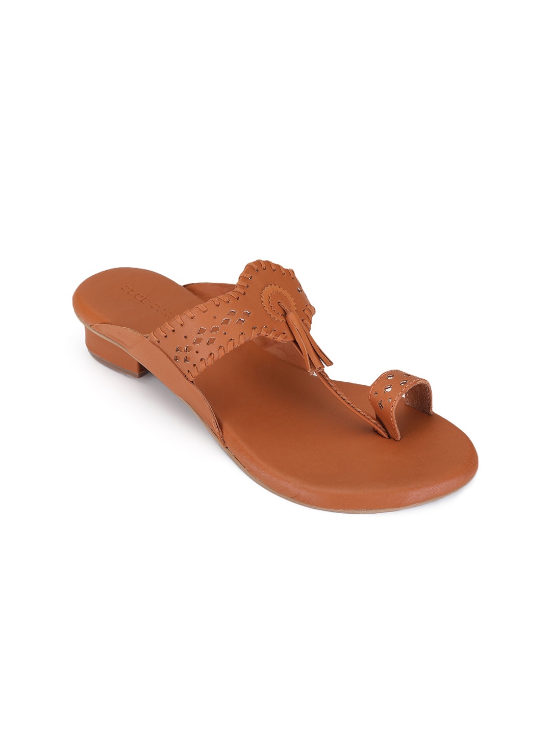 

BLUE BAKSA Tan Textured Leather Block Heels with Laser Cuts