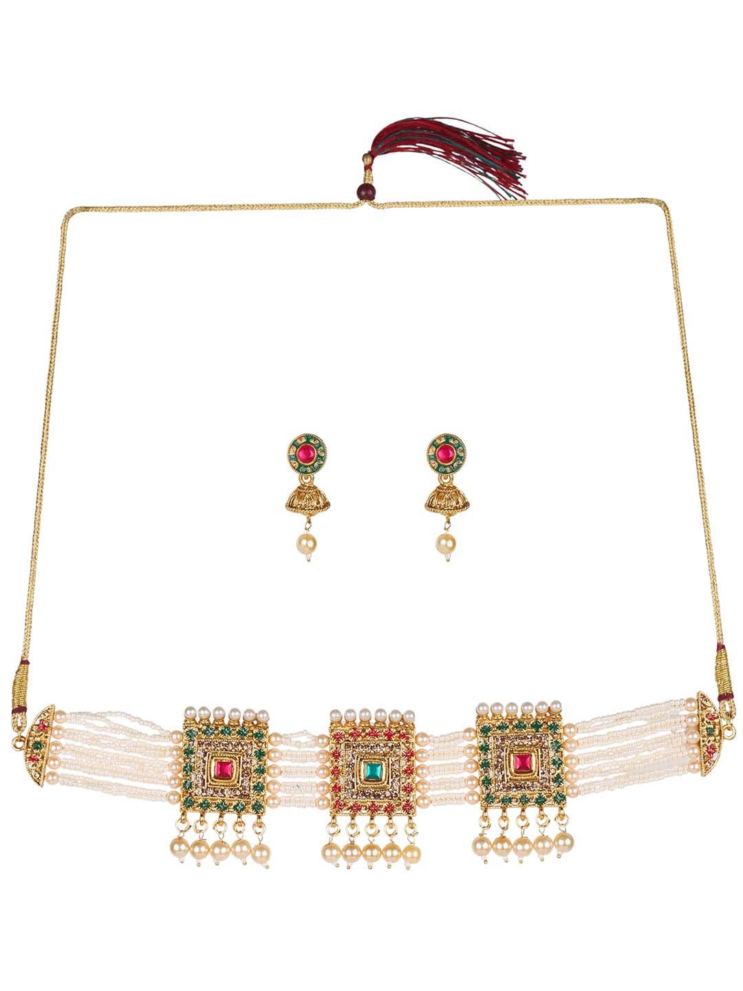 

MAD CLUB Gold-Plated Kundan Stone-Studded & Pearl-Beaded Jewellery Set, White