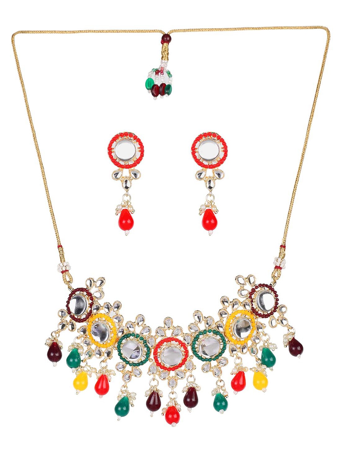 

MAD CLUB Gold-Plated Kundan-Studded & Beaded Enamelled Jewellery Set, Red