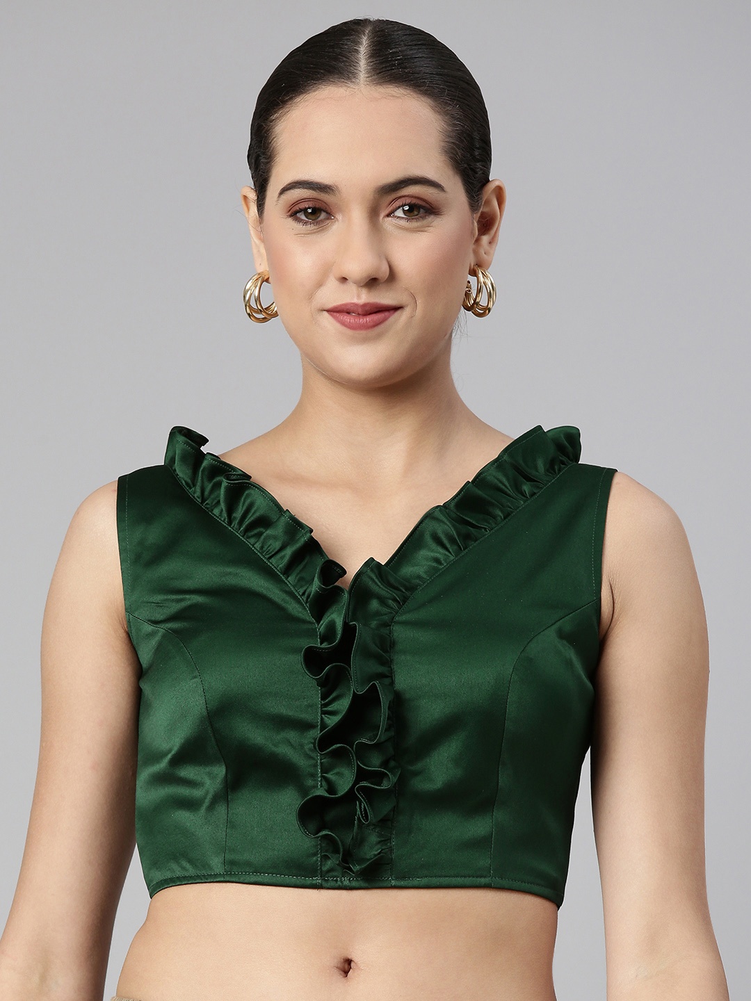 

flaher Women Solid Satin Padded Saree Blouse with Ruffles Detail, Green