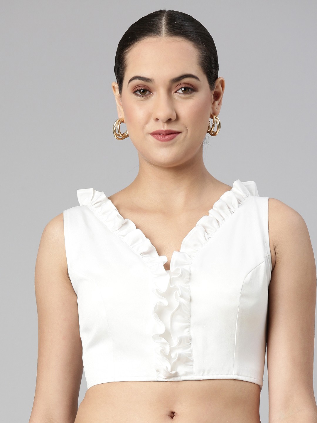 

flaher Women Solid Satin Padded Saree Blouse with Ruffles Detail, White