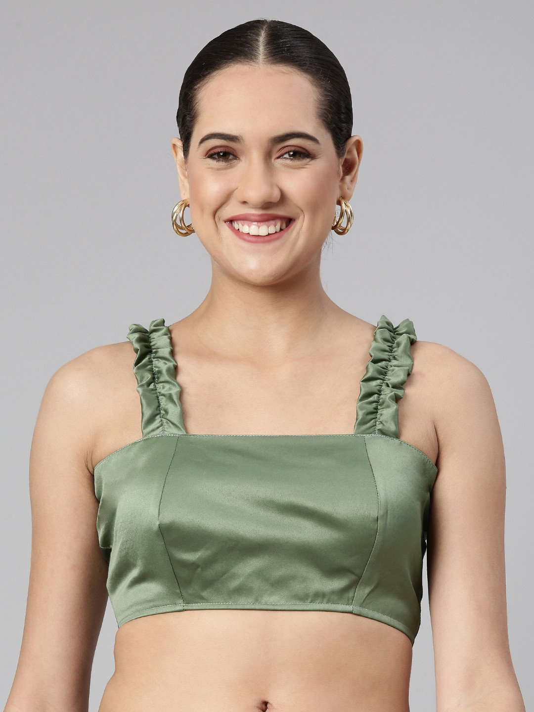 

flaher Women Solid Satin Padded Saree Blouse, Olive