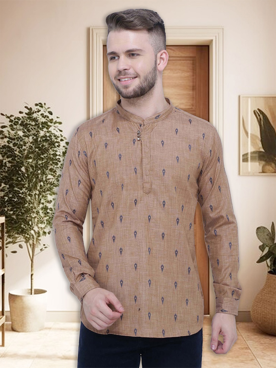 

Kuons Avenue Men Ethnic Motifs Printed Mandarin Collar Kurta, Khaki