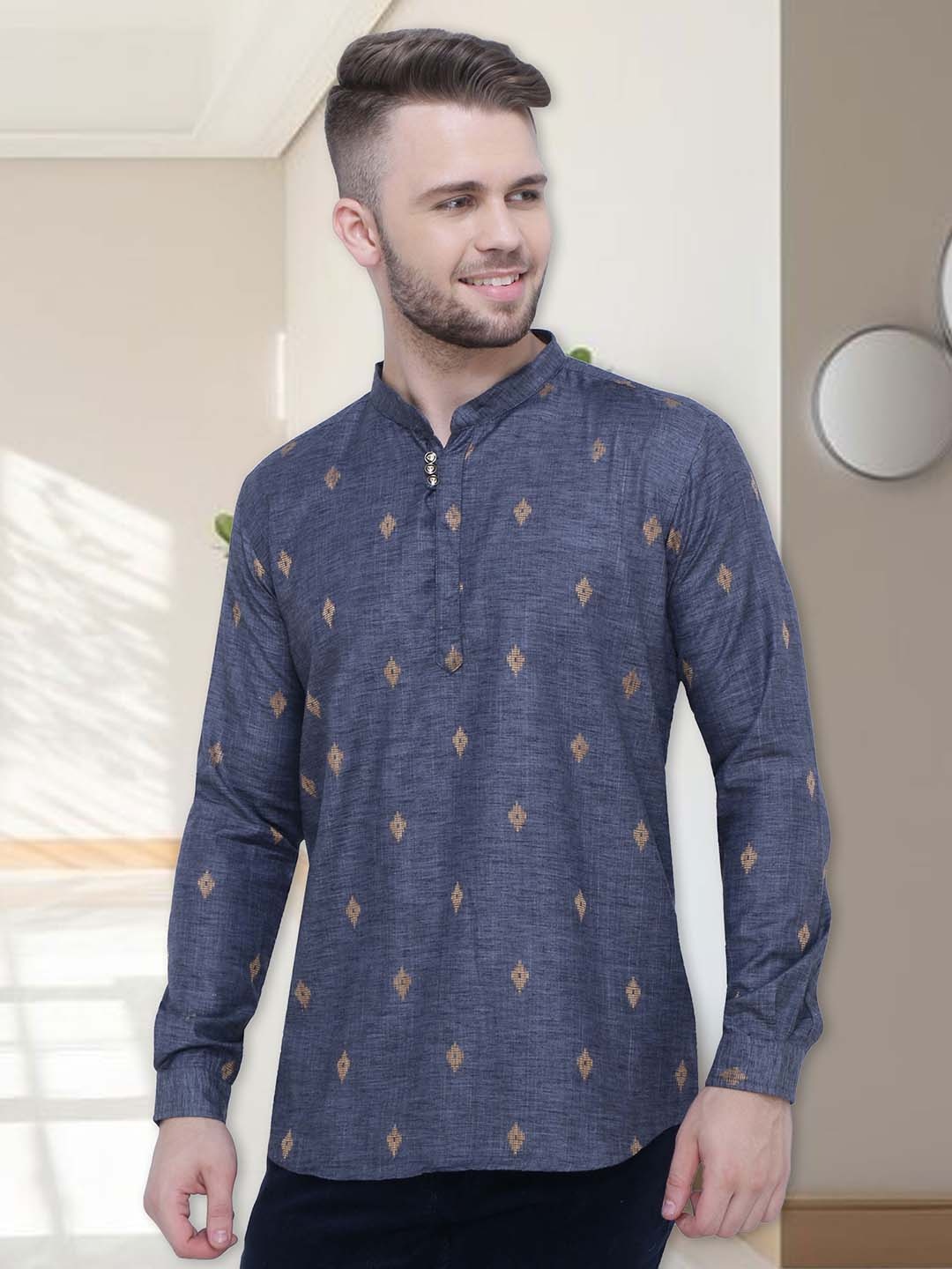 

Kuons Avenue Mandarin Collar Geometric Printed Kurta, Blue