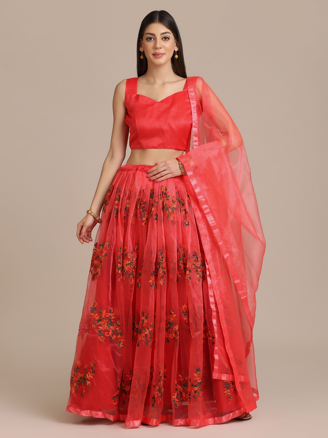 

Warthy Ent Embroidered Net Semi-Stitched Lehenga & Unstitched Blouse With Dupatta, Coral