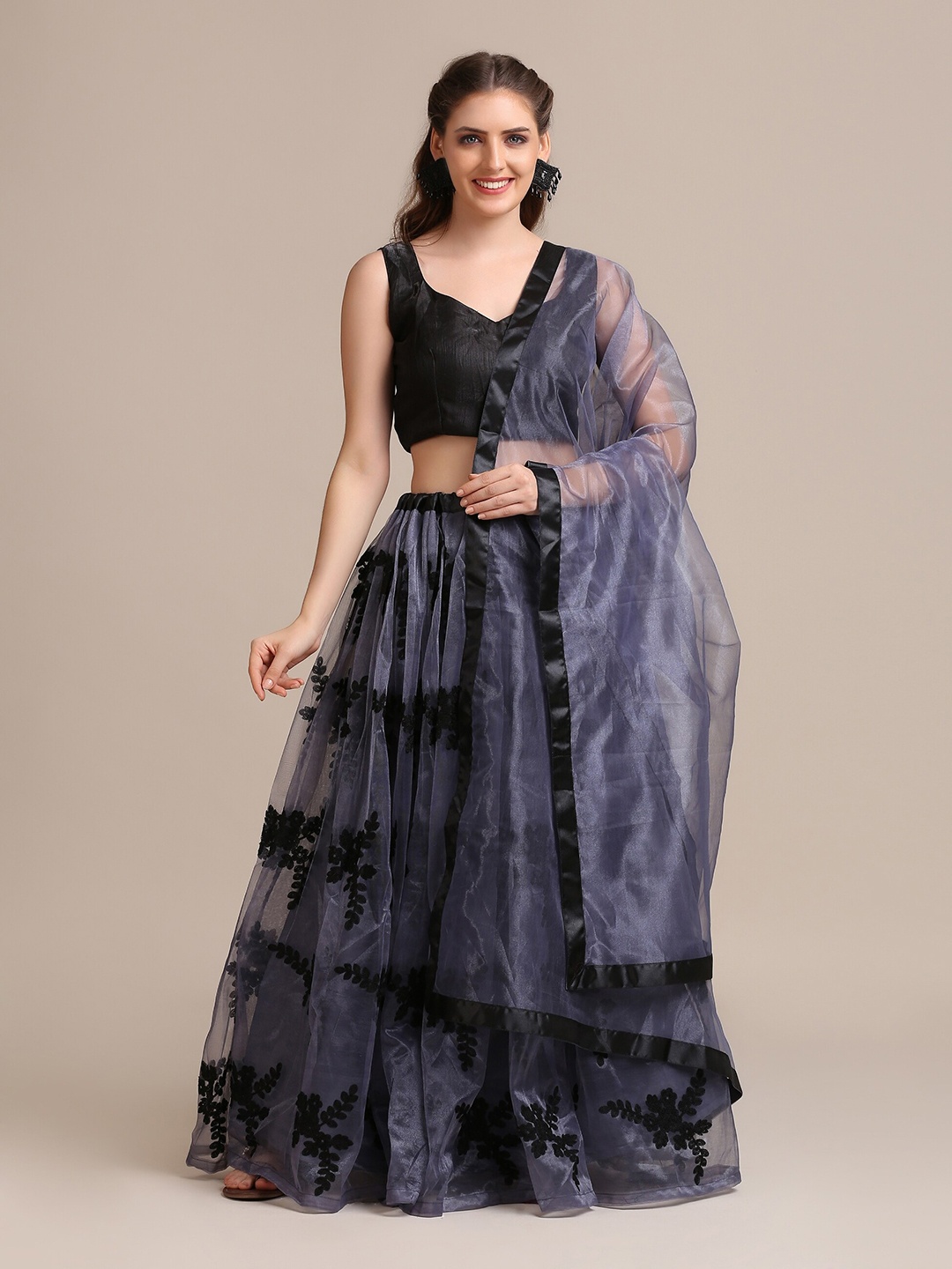 

Warthy Ent Embroidered Net Semi-Stitched Lehenga & Unstitched Blouse With Dupatta, Charcoal