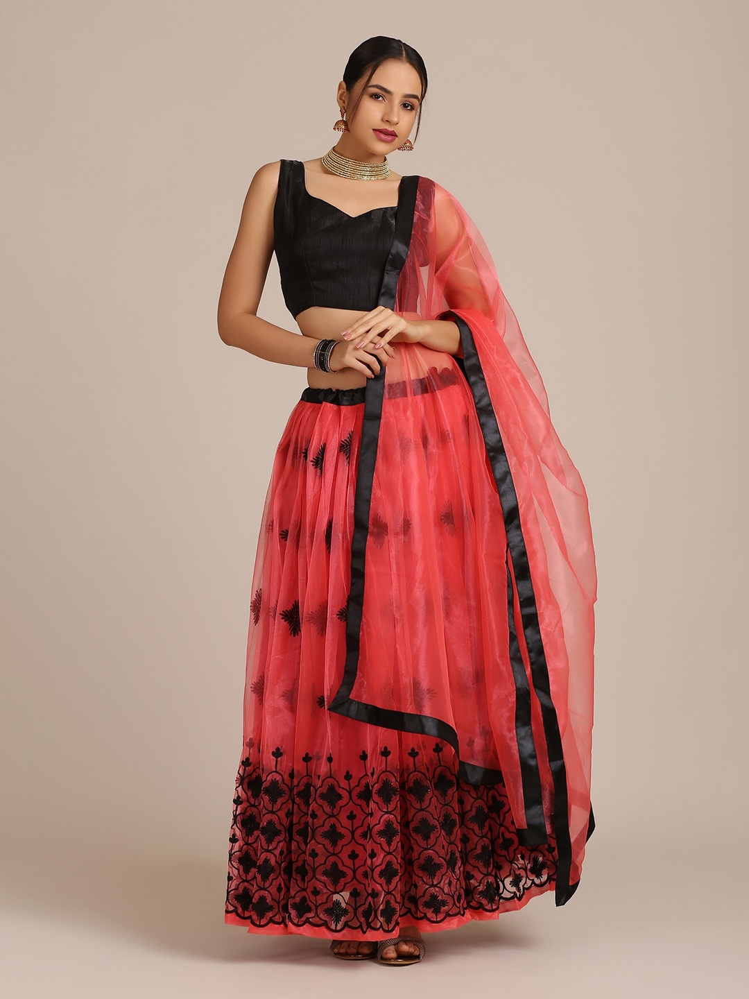 

Warthy Ent Embroidered Net Semi-Stitched Lehenga & Unstitched Blouse With Dupatta, Coral