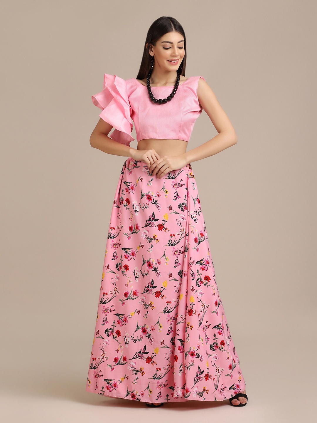 

Warthy Ent Floral Printed Semi-Stitched Lehenga & Unstitched Blouse, Pink