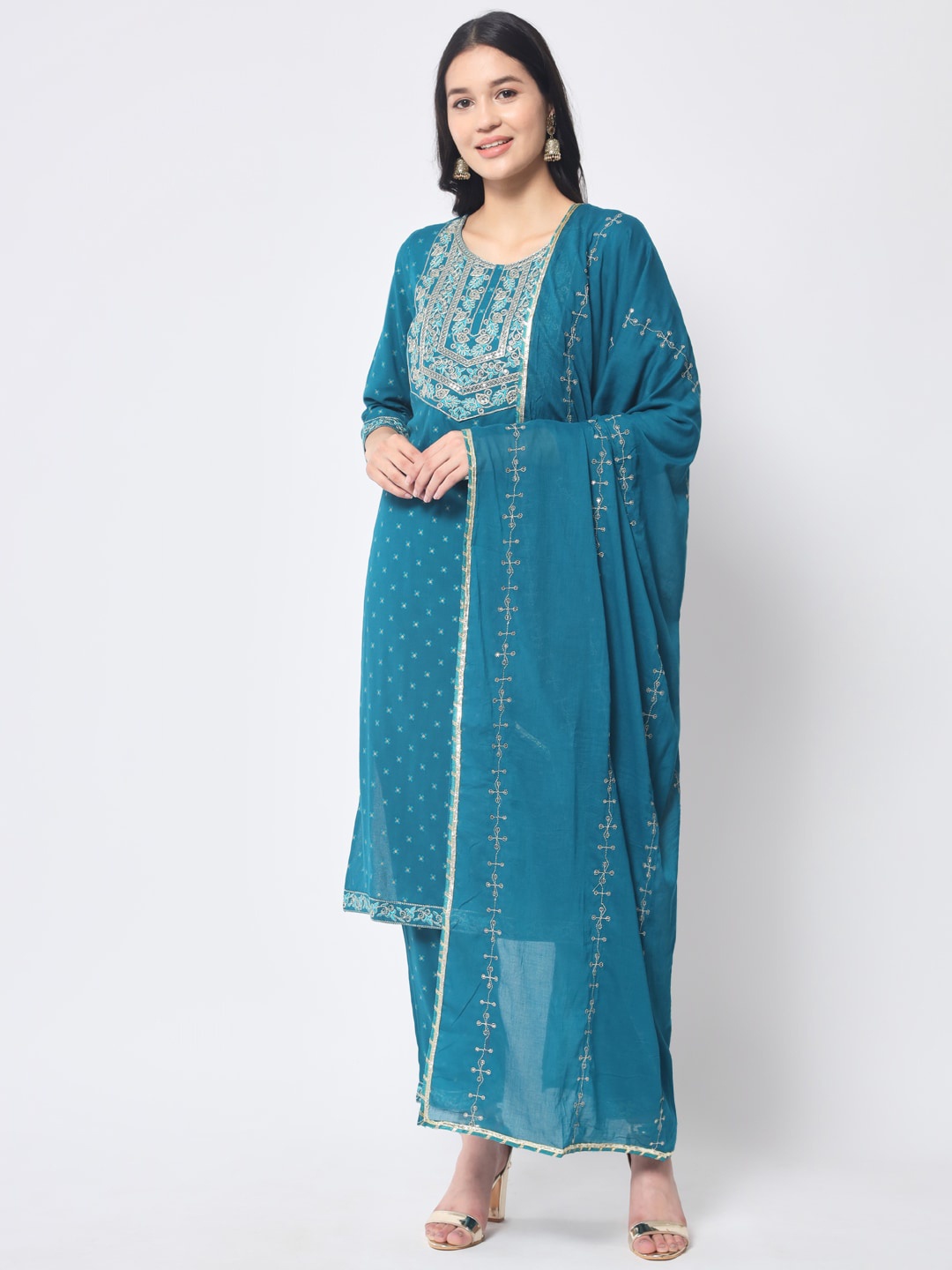 

IkDaiya Women Embroidered Thread Work Kurta with Trousers & Dupatta, Turquoise blue
