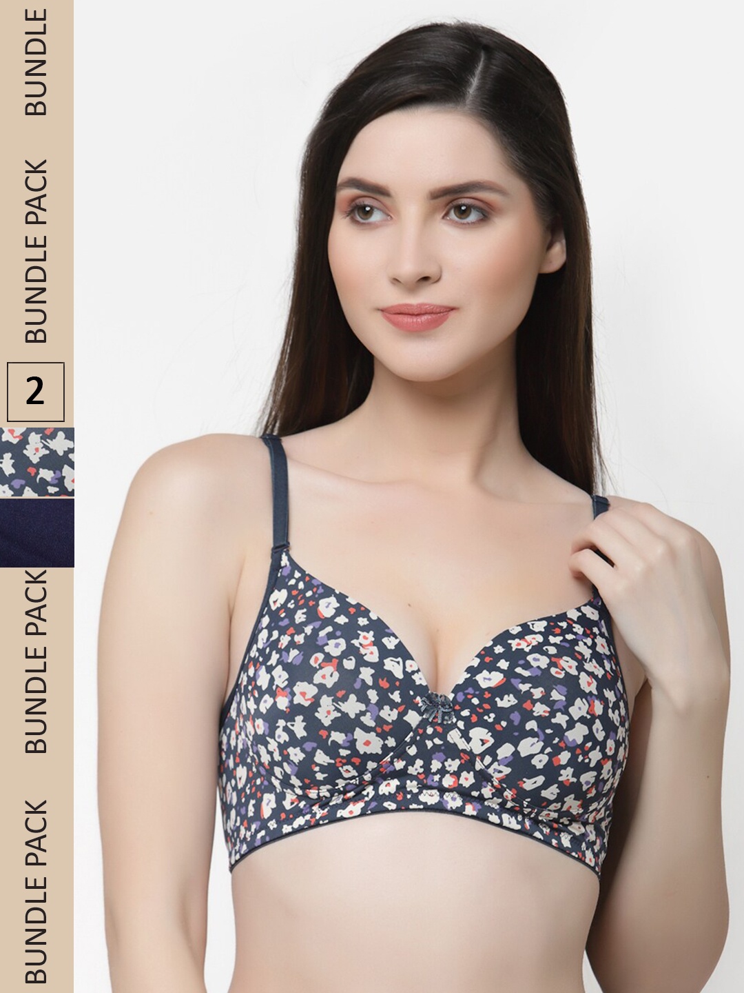 

Floret Pack of 2 Non-Wired Lightly Padded Push-Up Bra, Navy blue