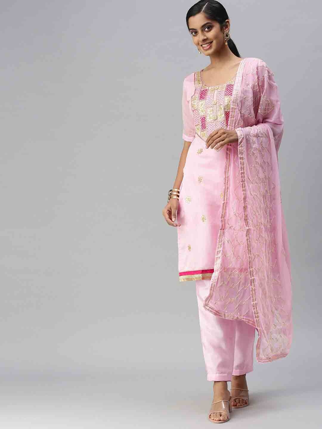 

KALINI Embroidered Unstitched Dress Material, Pink