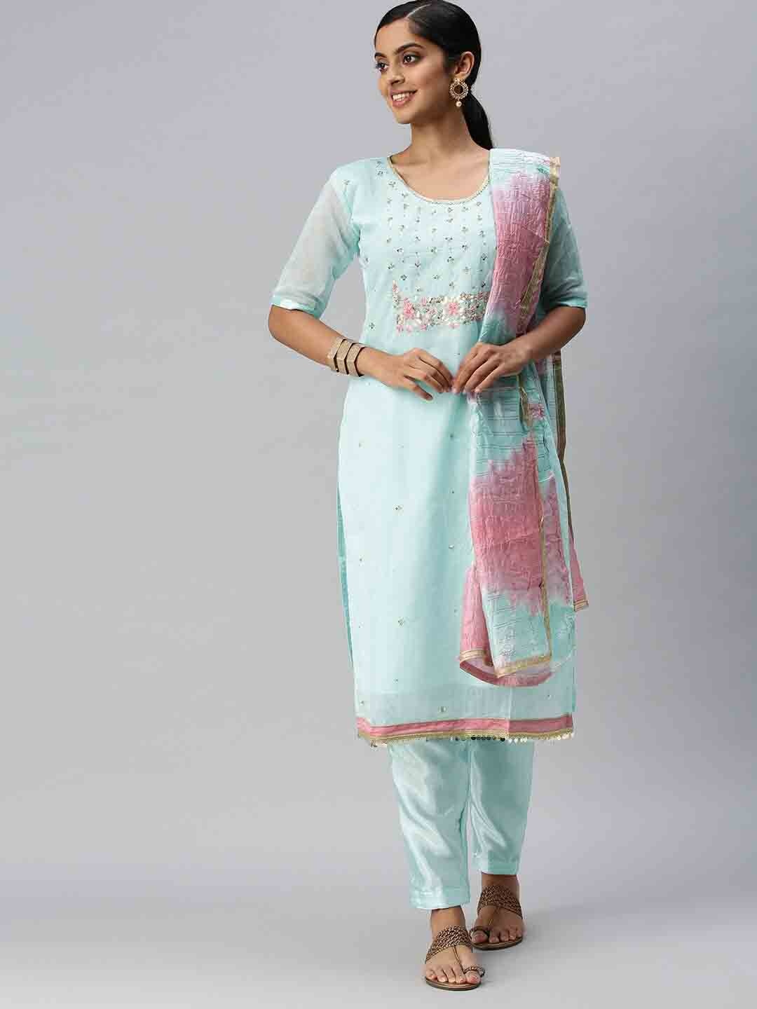 

KALINI Embellished Unstitched Dress Material, Blue