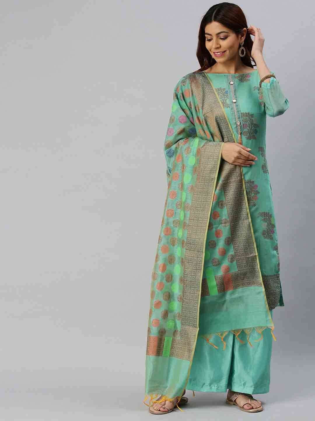 

KALINI Ethnic Motifs Woven Design Unstitched Dress Material, Blue