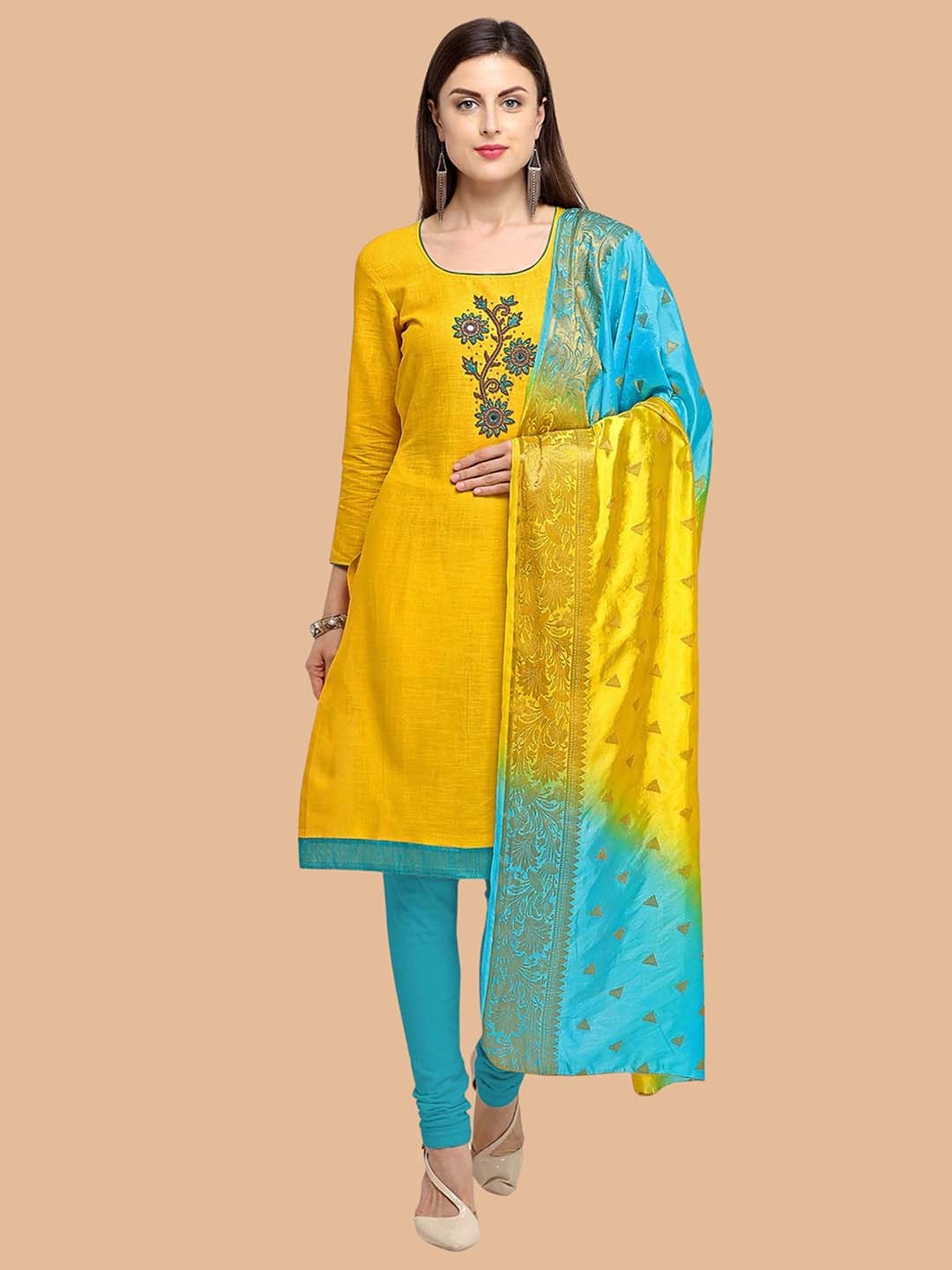 

KALINI Embellished Unstitched Dress Material, Yellow