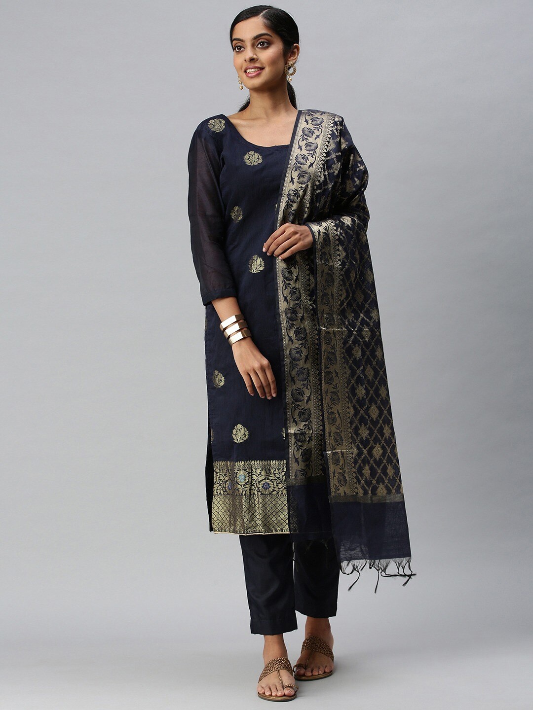 

KALINI Ethnic Motifs Woven Design Unstitched Dress Material, Navy blue