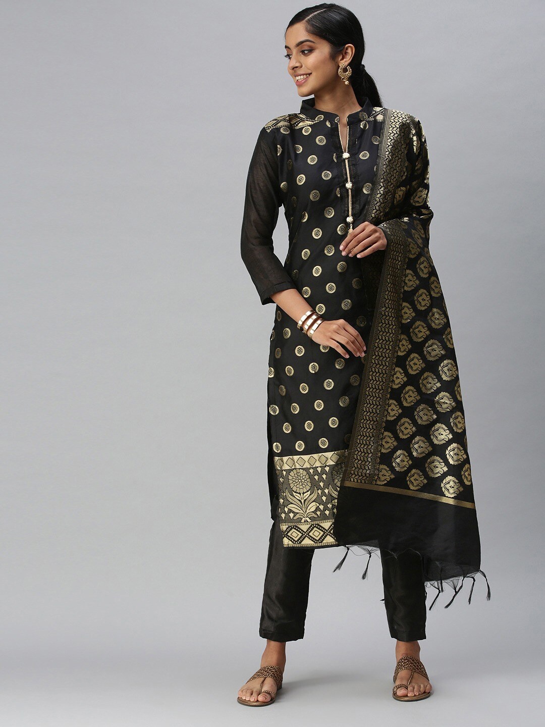 

KALINI Black & Gold-Toned Unstitched Dress Material