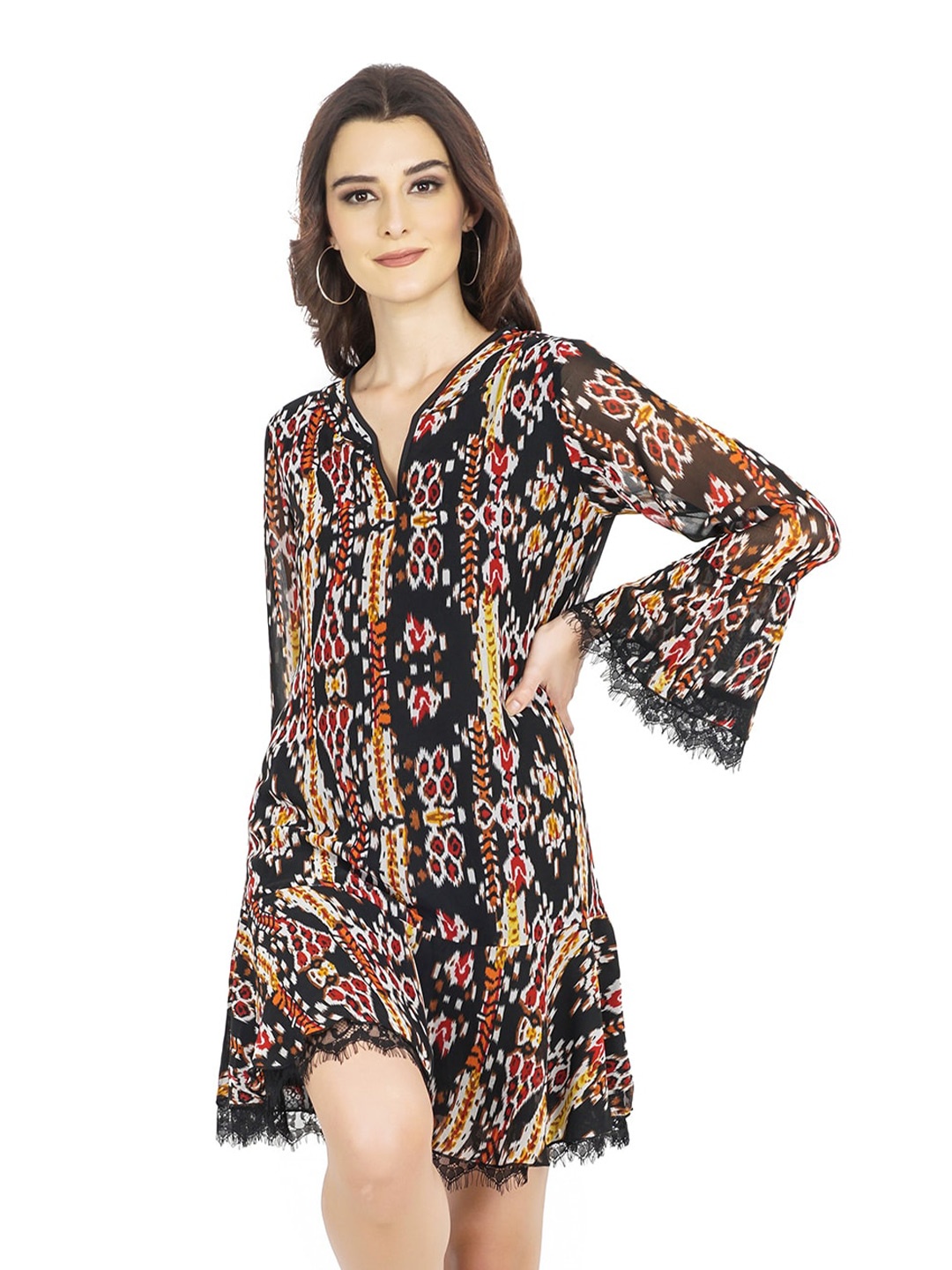 

TSM Georgette V Neck Fit And Flare Dress, Black