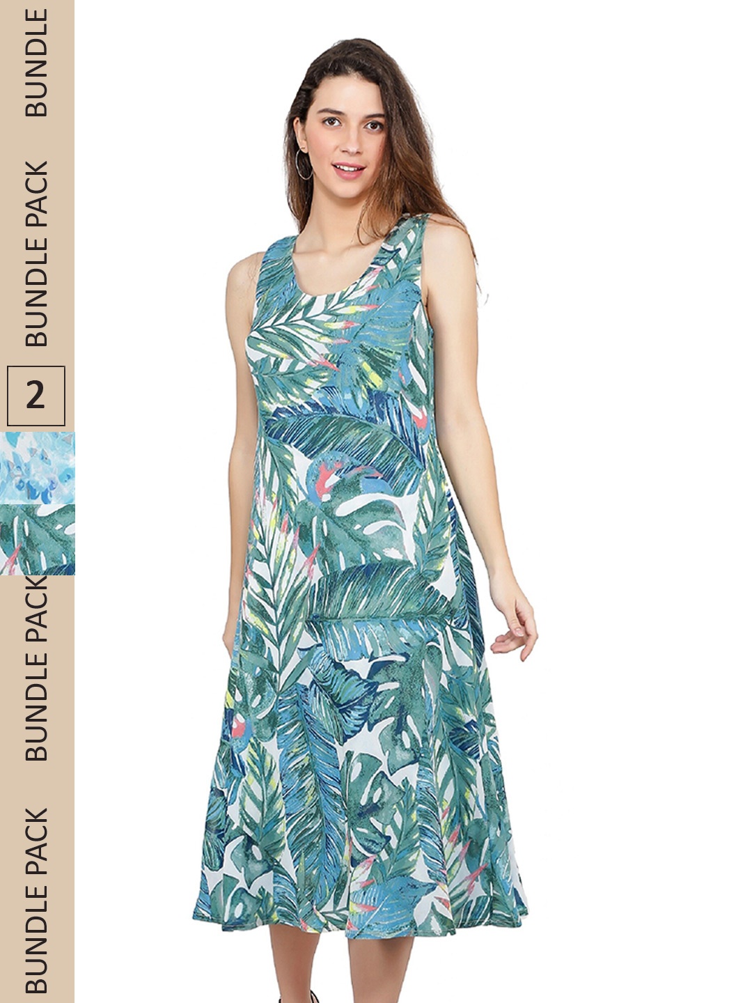 

TSM Pack of 2 Printed Georgette A-Line Midi Dress, Turquoise blue