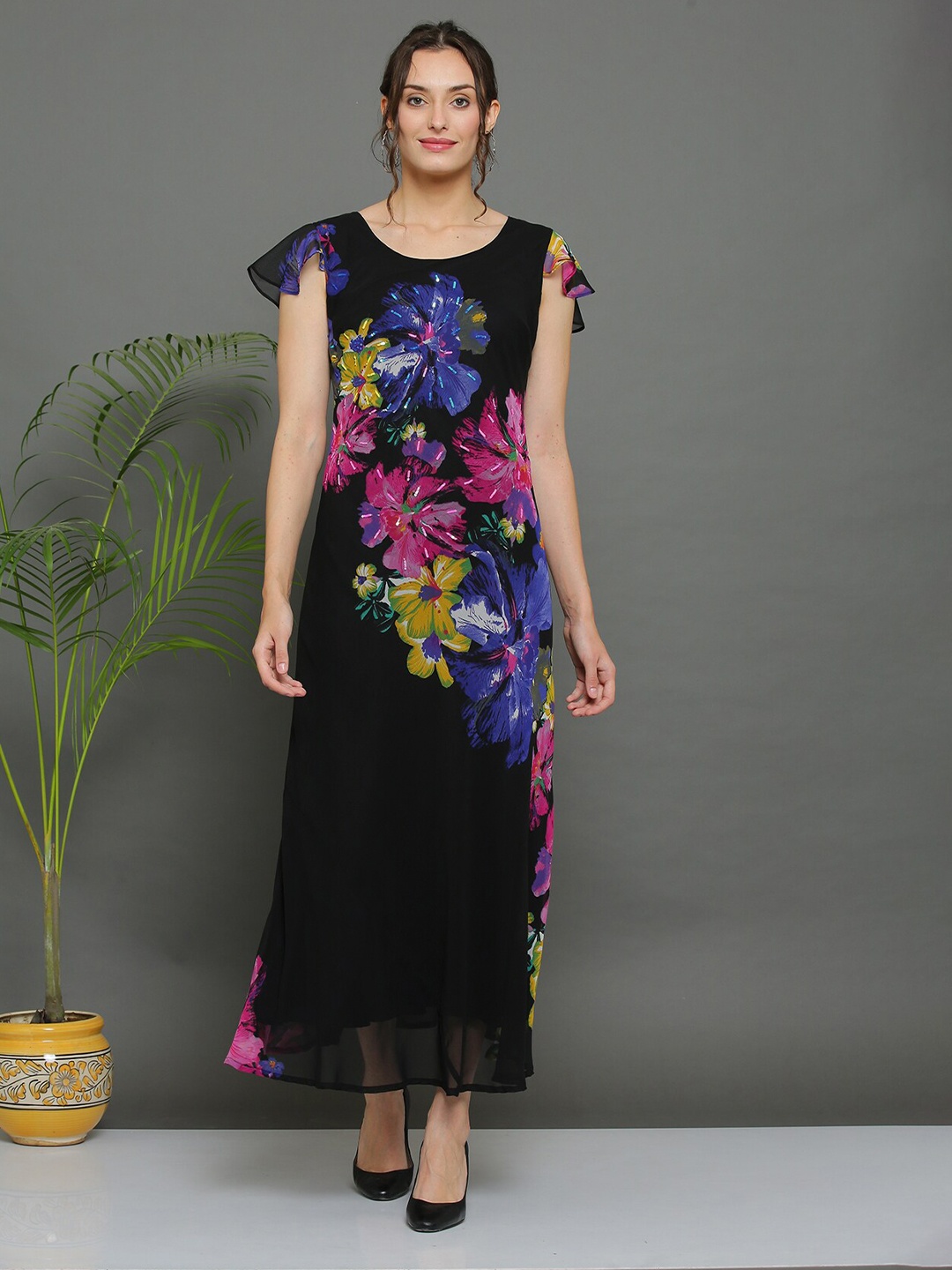 

TSM Printed Georgette Maxi Dress, Black