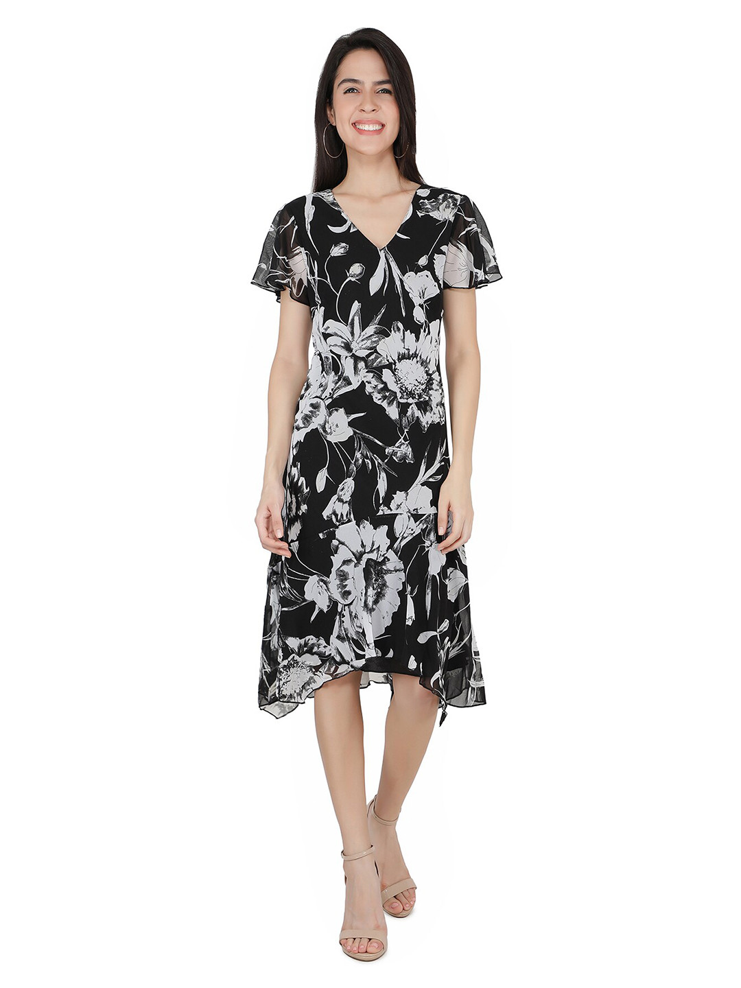 

TSM Floral Printed V-Neck Georgette Dress, Black
