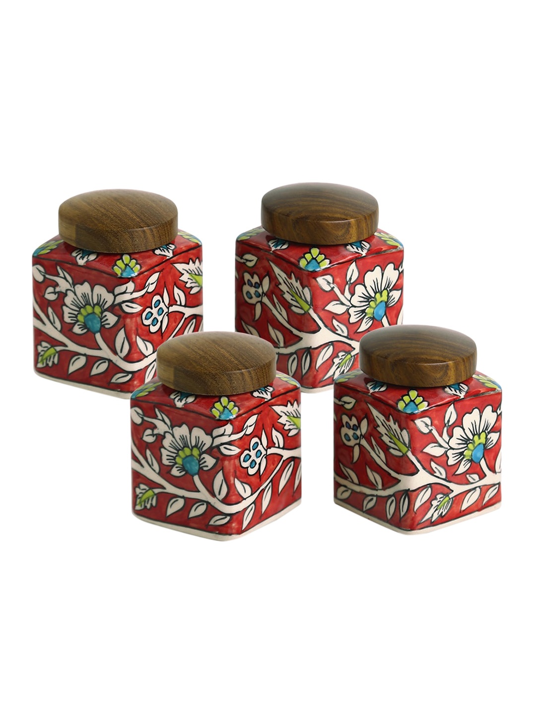 

ExclusiveLane Set Of 4 Red & Brown Floral Printed Ceramic Storage Jar With Lid