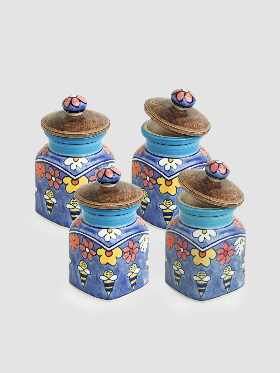

ExclusiveLane Set of 4 The Bee Collective Hand-Painted Ceramic Kitchen Storage Jars, Blue