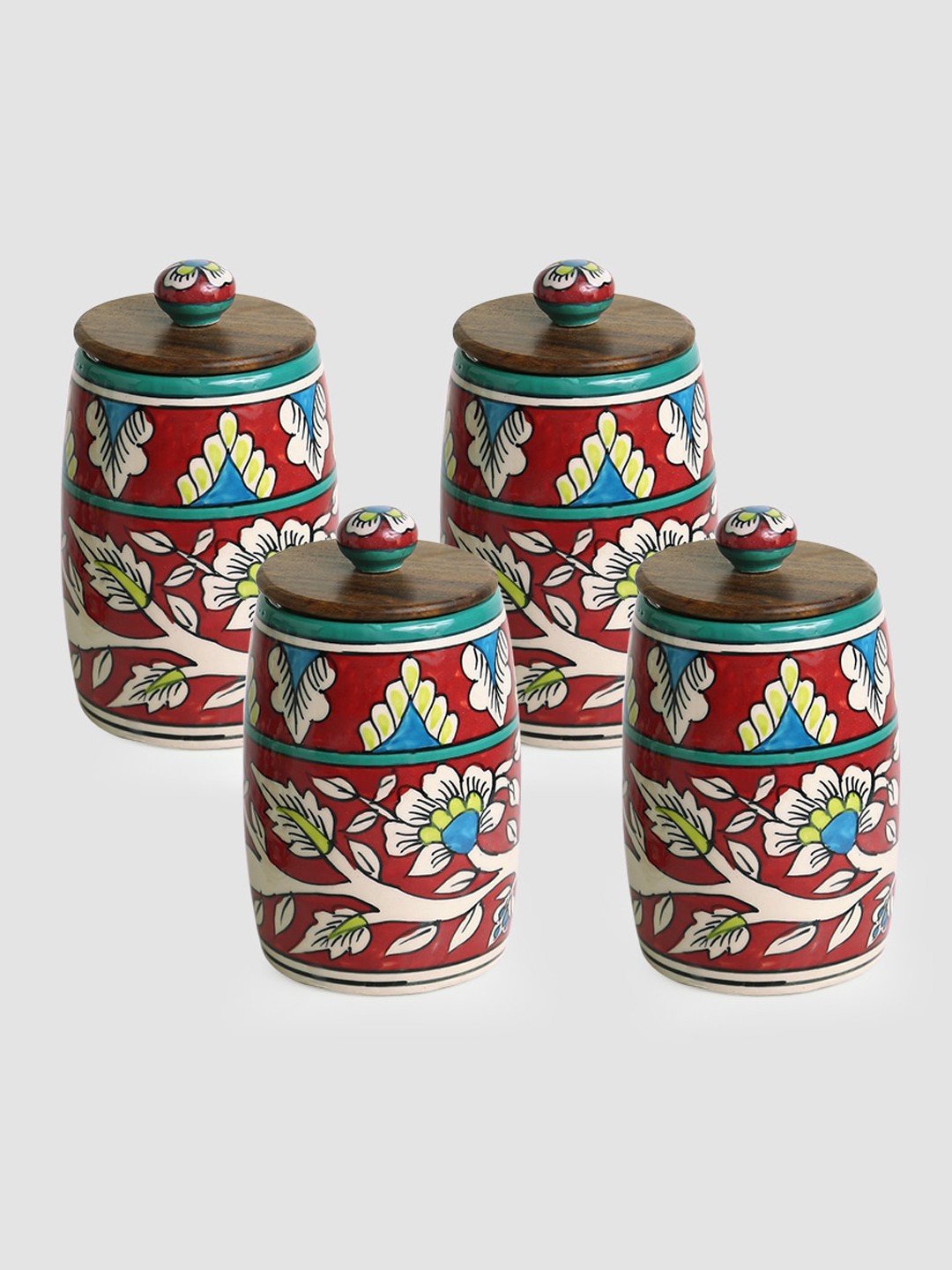 

ExclusiveLane Set Of 4 Hand-Painted Ceramic Kitchen Storage Jars & Containers, 570 ml, Red
