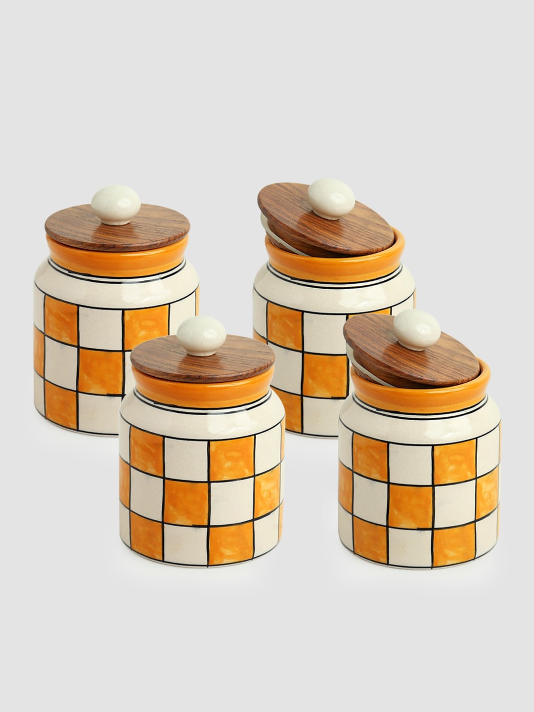 

ExclusiveLane Set Of 4 Hand Painted Kitchen Storage Ceramic Jars Containers - 410 ml each, Yellow