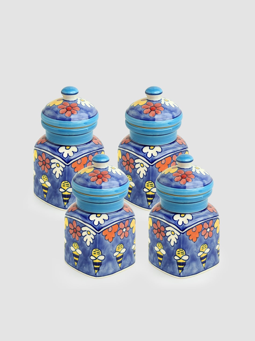 

ExclusiveLane Set of 4 Hand-painted Ceramic Kitchen Storage Jars Containers - 270 ml each, Blue