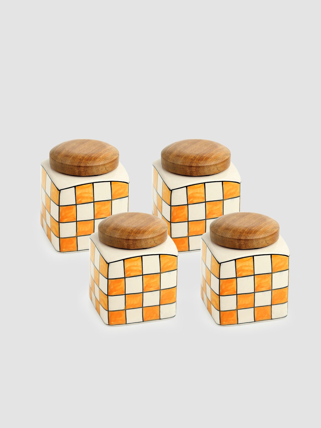 

ExclusiveLane Set of 4 Checked Ceramic Jars With Lid 480 ml each, Yellow