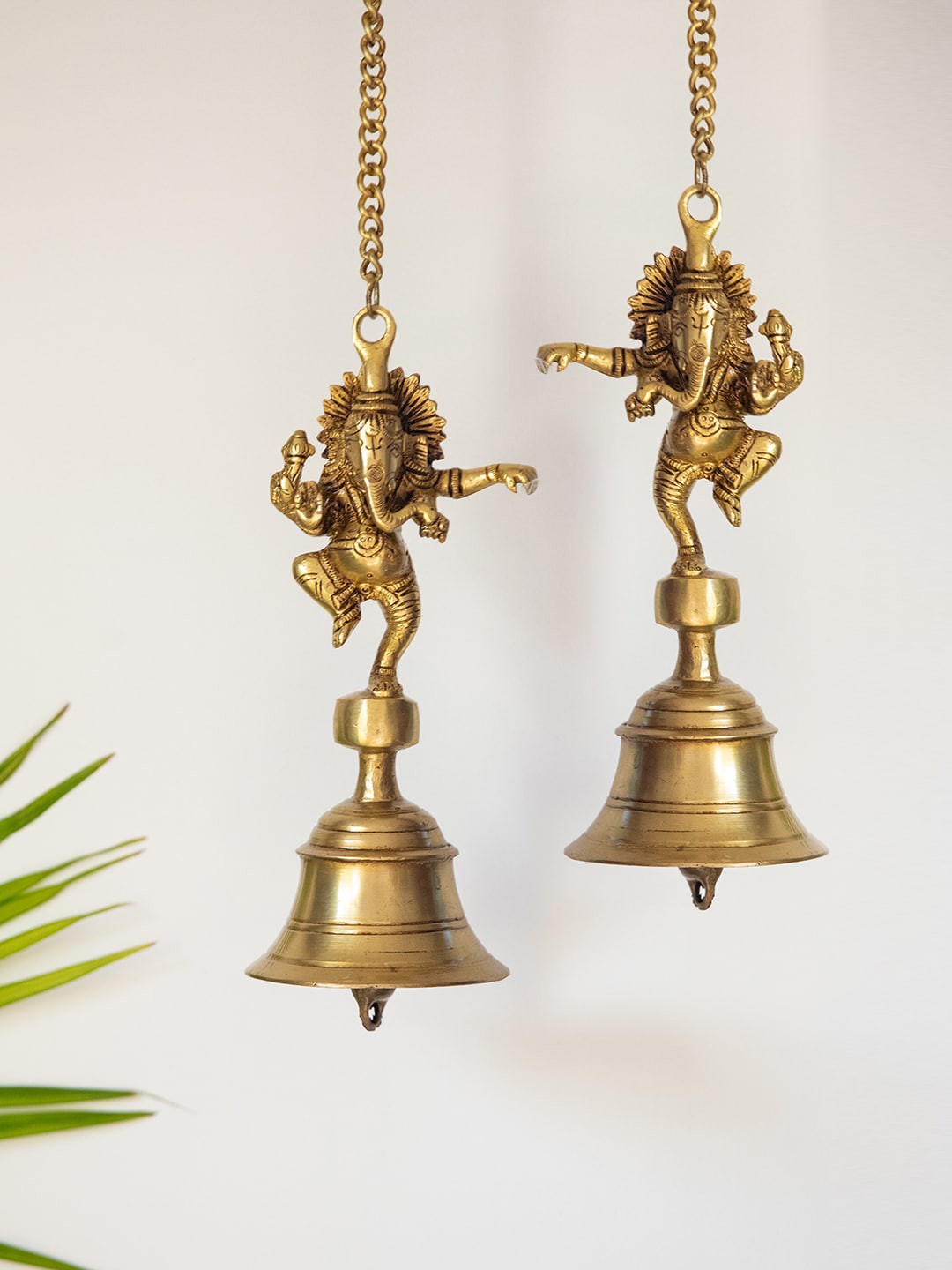 

ExclusiveLane The Brass Beams Set Of 2 Dancing Ganpati Brass Decorative Hanging Bells, Gold