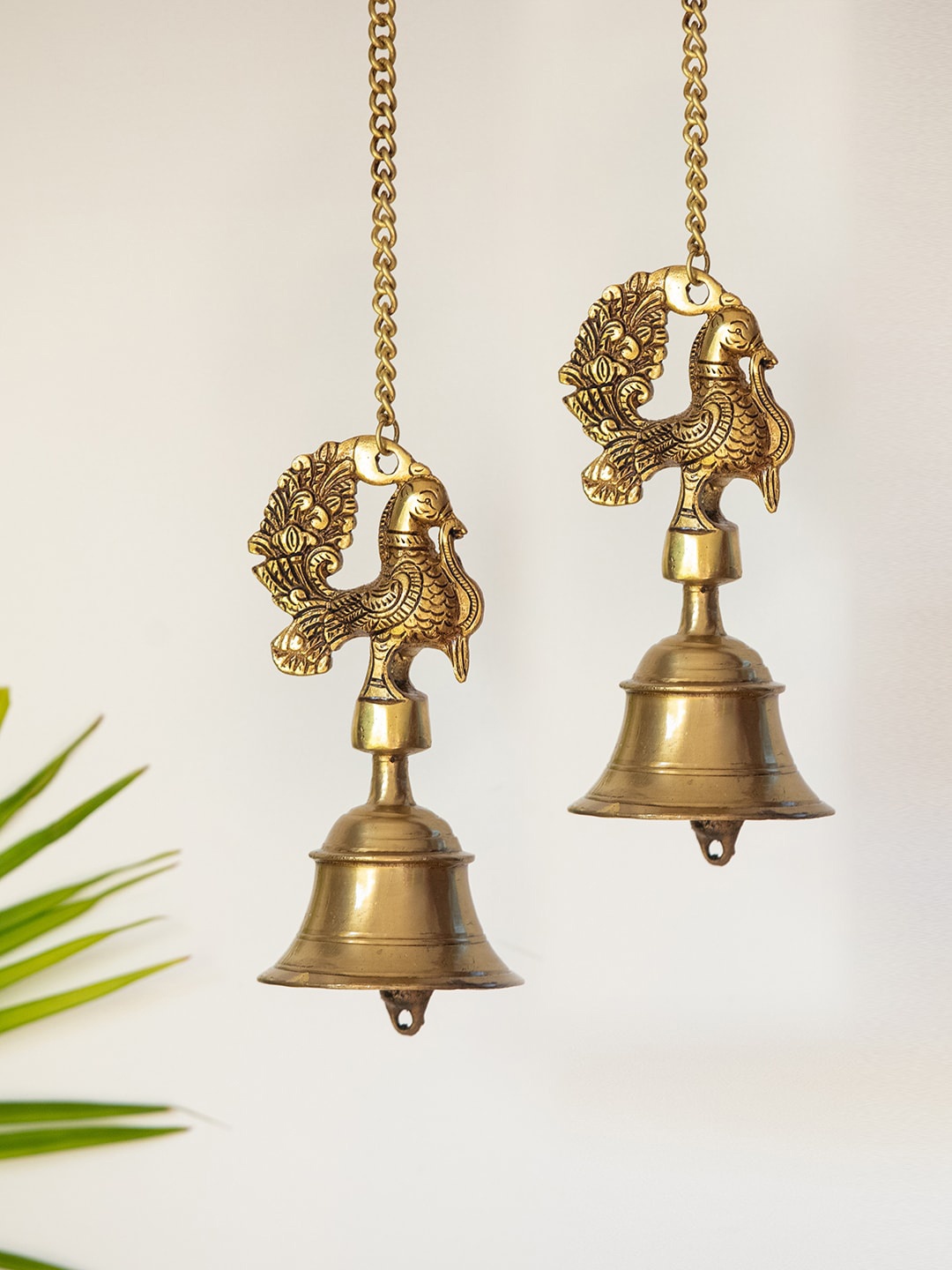 

ExclusiveLane The Brass Beams Set Of 2 Elegant Peacock Hand-Etched Decorative Hanging Bell, Gold