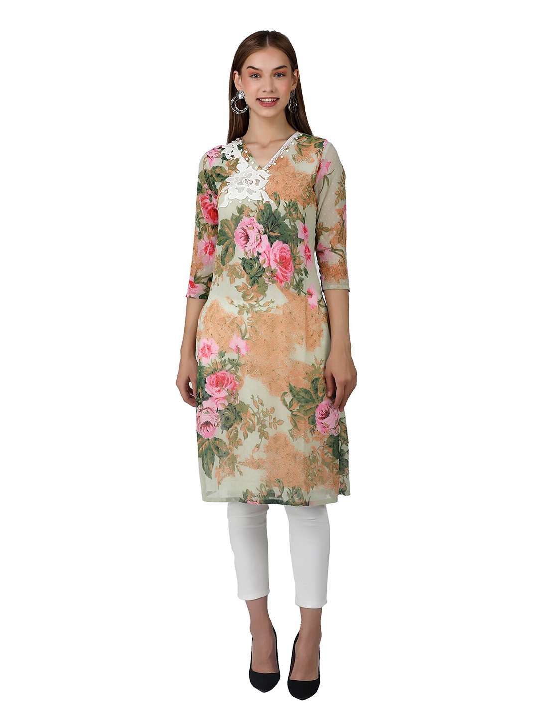 

TSM Women Floral Printed Georgette Kurta, Green