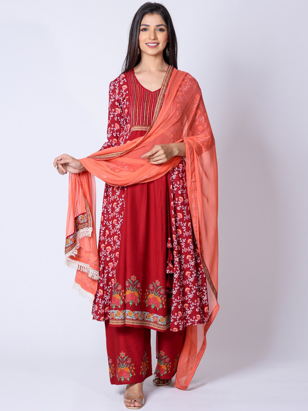 

BUTA BUTI Floral Embroidered Pure Cotton Kurta with Palazzos & With Dupatta, Red