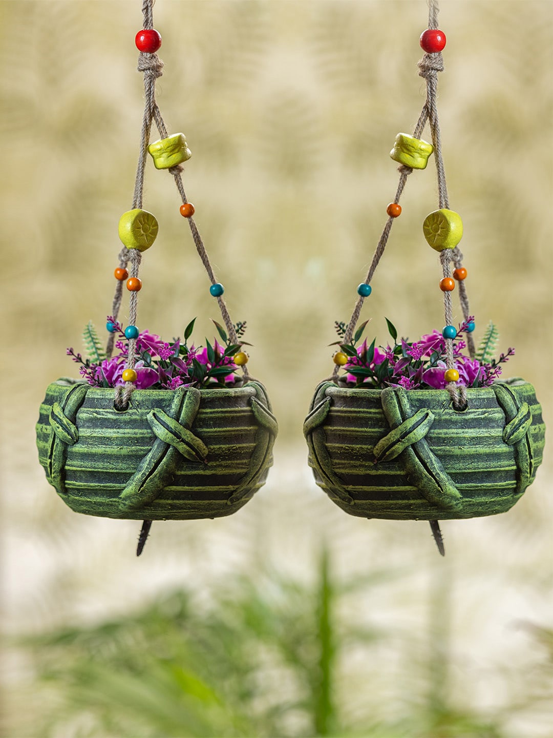 

ExclusiveLane Forest Fables Green Set of 2 Hand Painted Terracotta Hanging Planter Pot