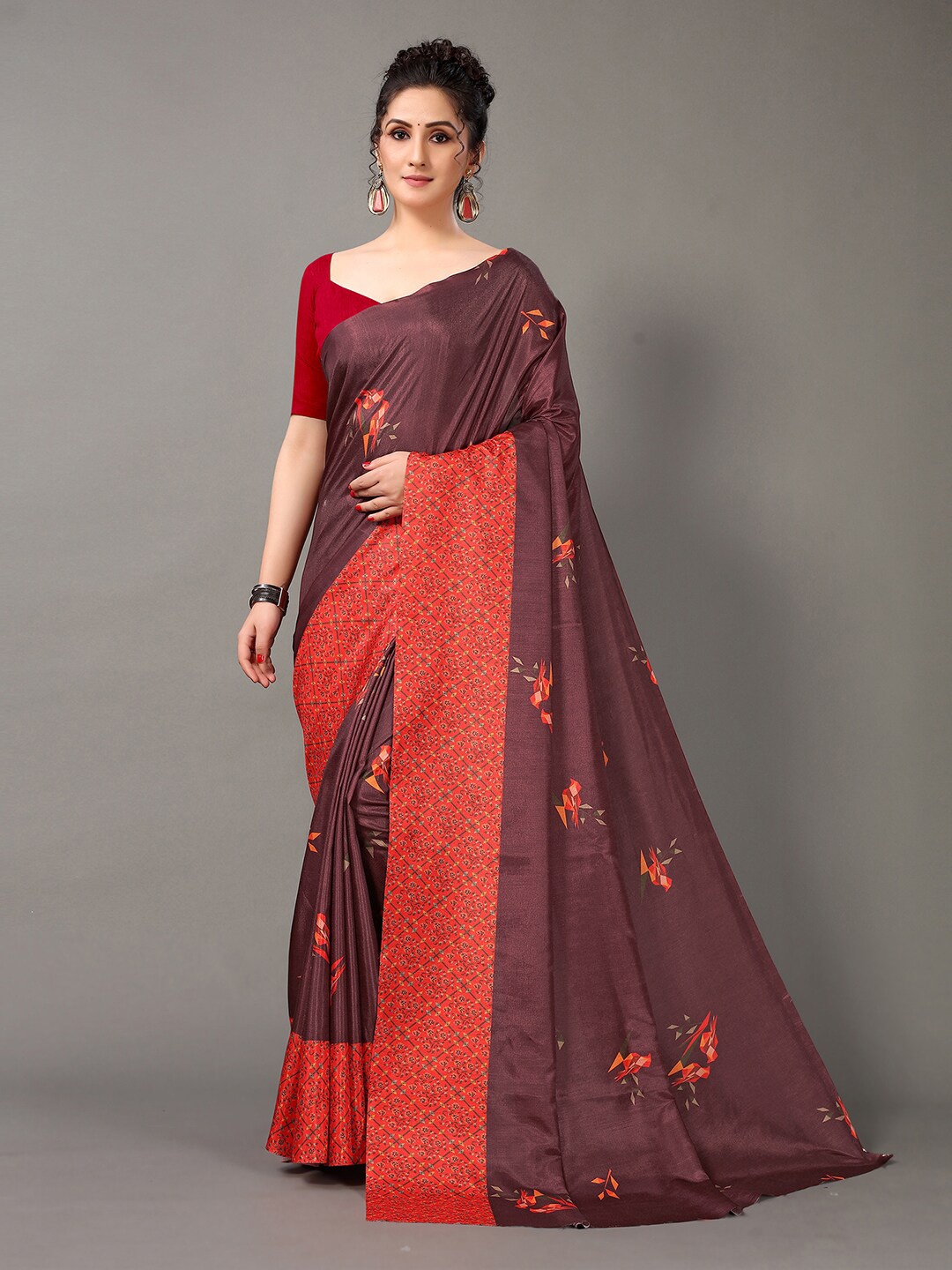 

HRITIKA Printed Floral Saree, Brown