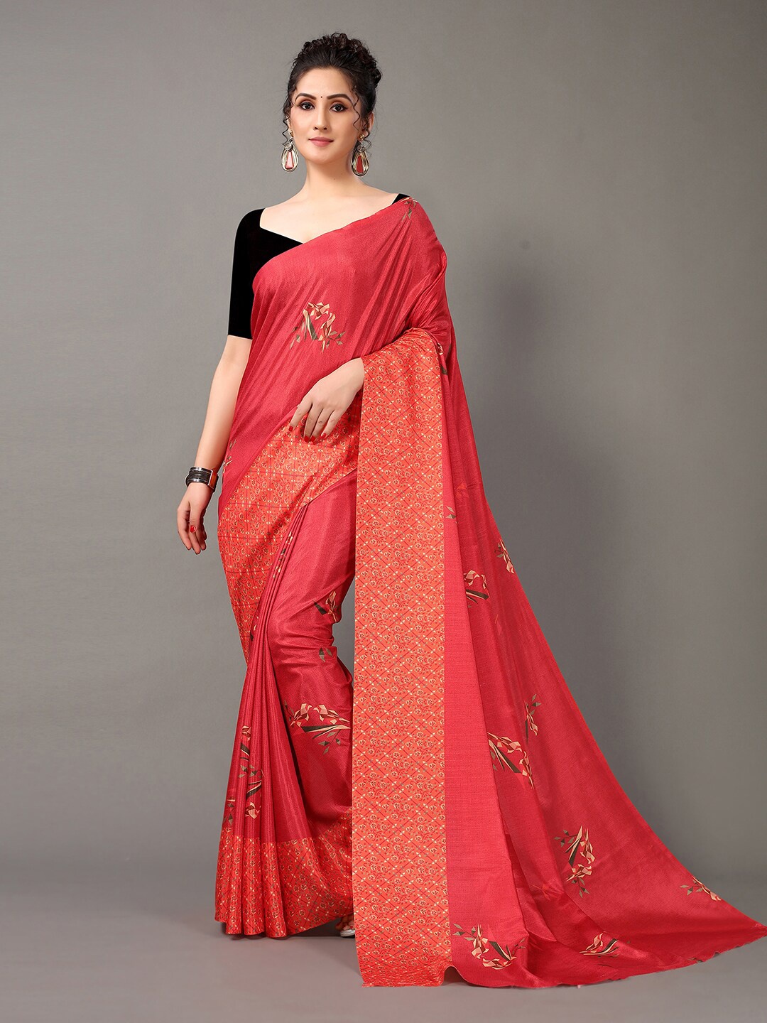 

HRITIKA Printed Floral Saree, Red