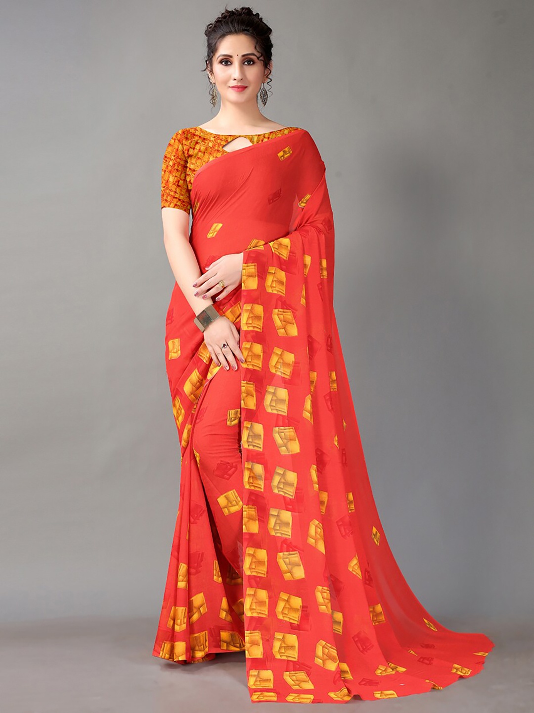 

HRITIKA Geometric Printed Saree, Orange