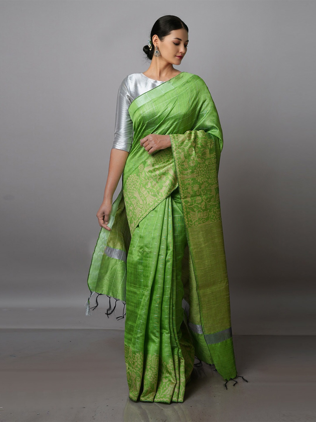 

Unnati Silks Woven Design Zari Silk Blend Jamdani Saree, Green