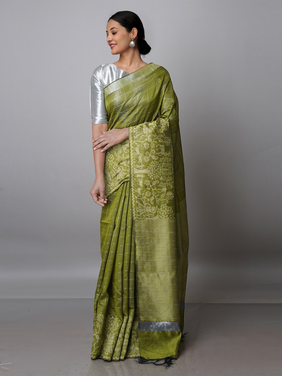 

Unnati Silks Checked Zari Silk Blend Jamdani Saree, Green