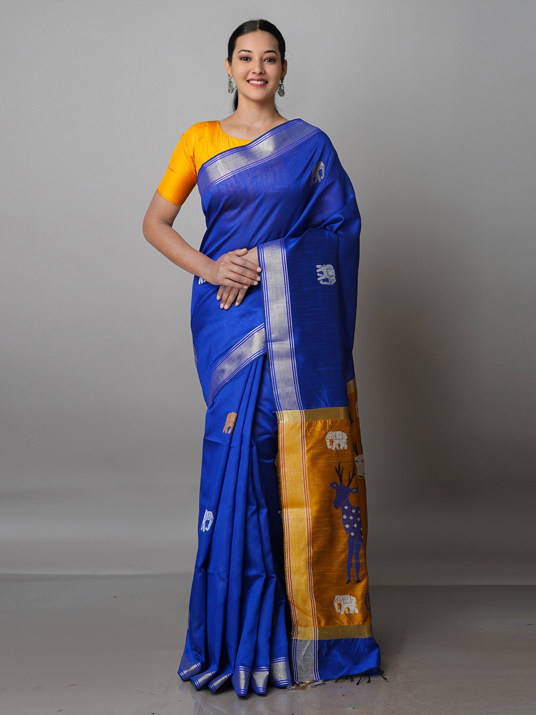 

Unnati Silks Woven Design Zari Silk Blend Jamdani Saree, Blue