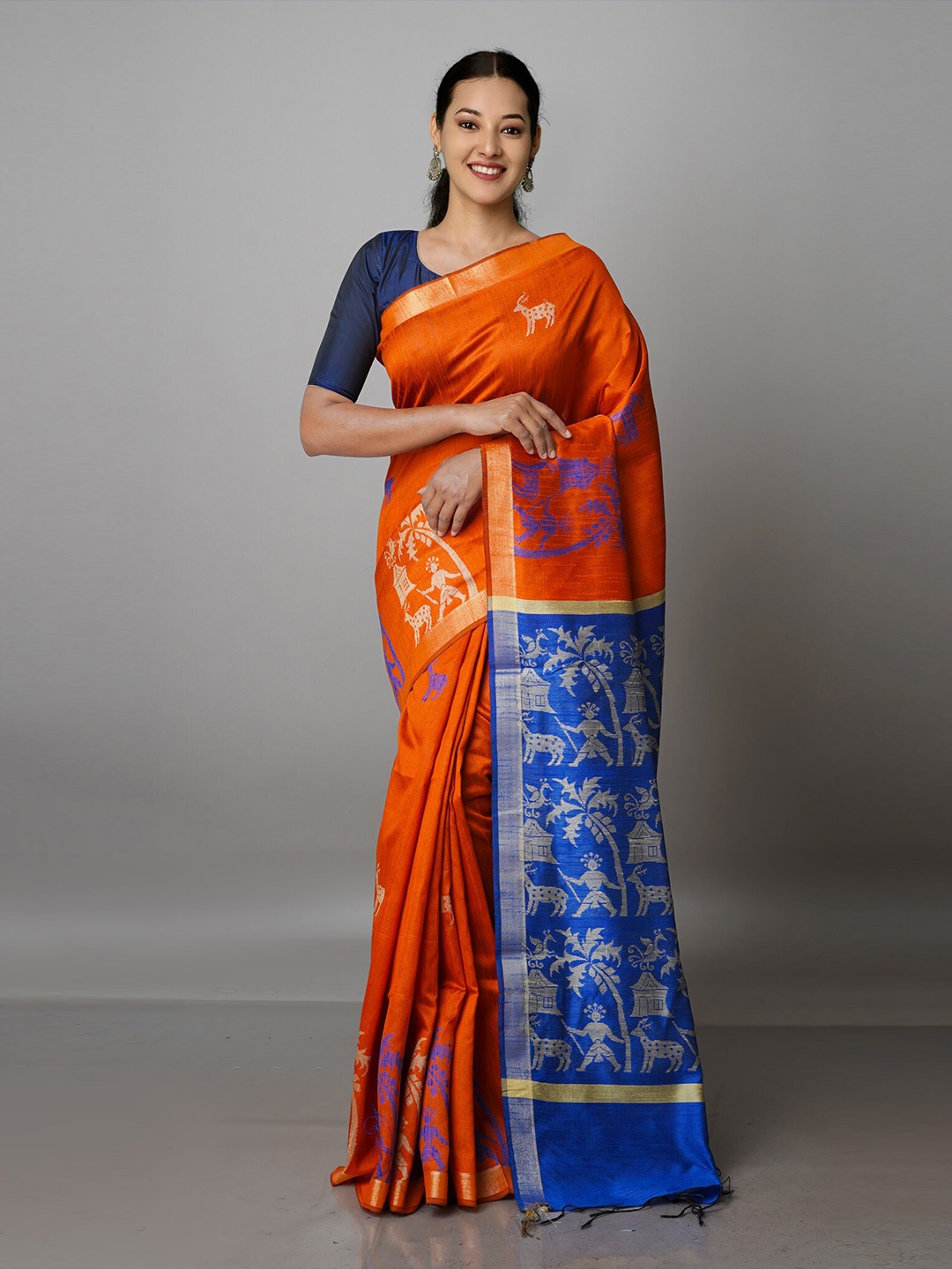 

Unnati Silks Woven Design Zari Silk Blend Jamdani Saree, Orange
