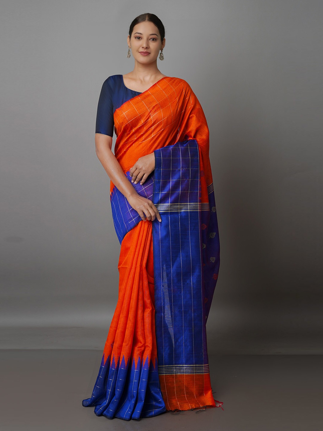 

Unnati Silks Ethnic Motifs Silk Blend Jamdani Saree, Orange